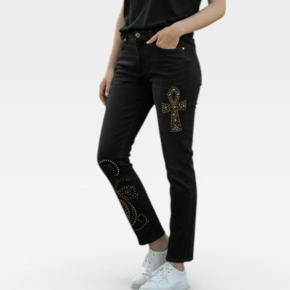 DG2 by Diane Gilman Jeans Womens 14 Black Stretch Gold Stud Embellished Straight